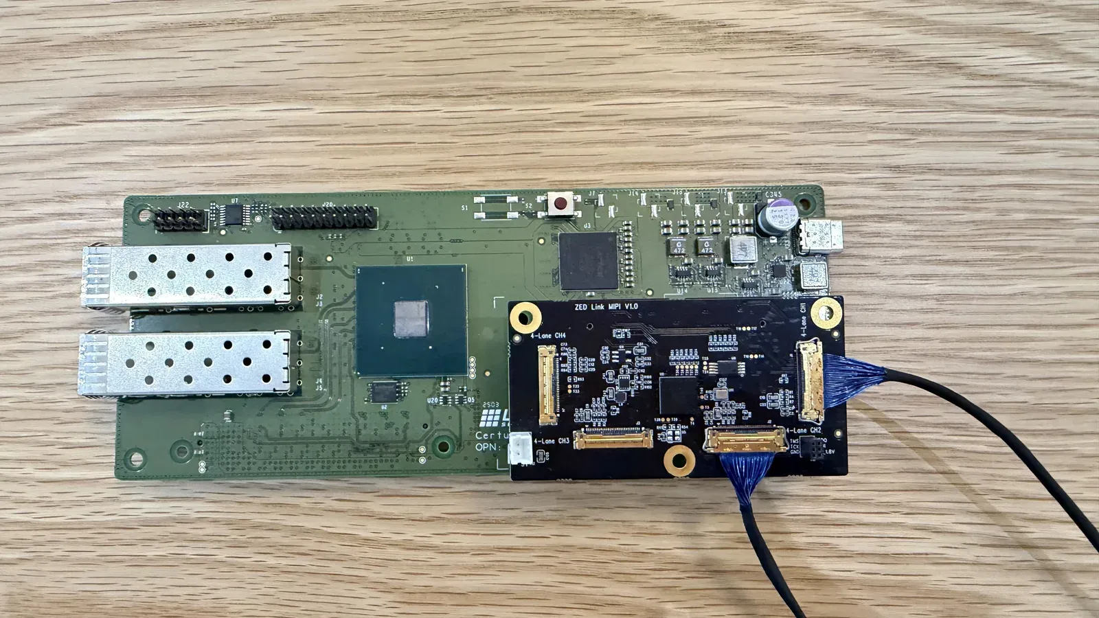 Two MIPI I-PEX cables connected to the J1 and J2 channels of the ZED Link MIPI Quad