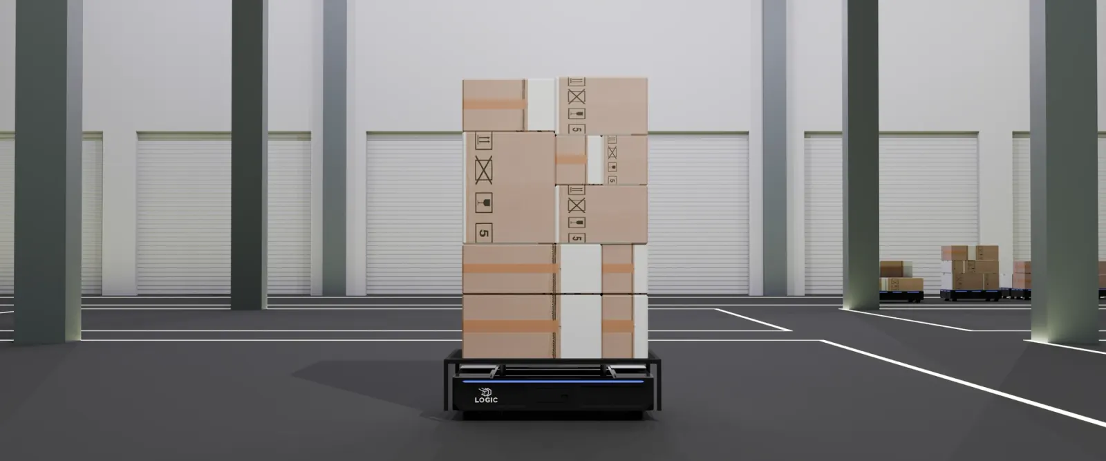 Autonomous mobile robot carrying a stack of boxes in a warehouse